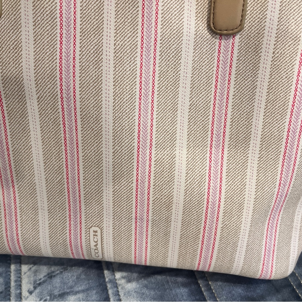 Coach Striped Tote Bag - Cream and Pink